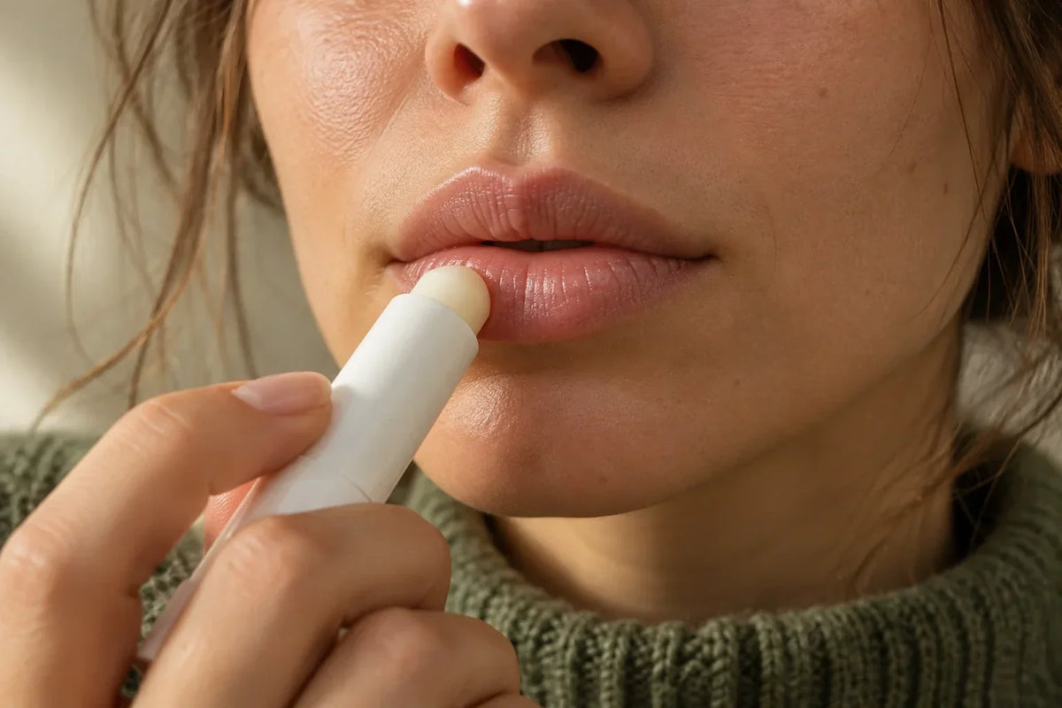 Dudağa etiketsiz bir lip balm stick sürülürken yakın çekim