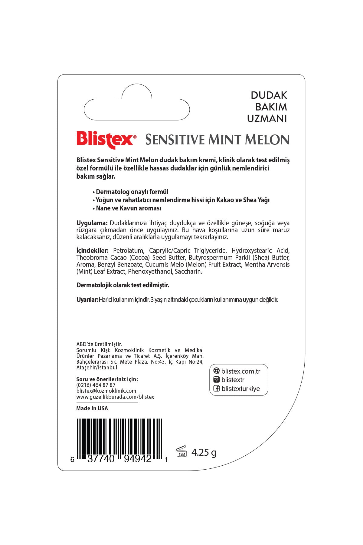 Sensitive Mint Melon - Doğal Nane ve Kavun Özlü Besleyici ve Nemlendirici Dudak Bakım Kremi