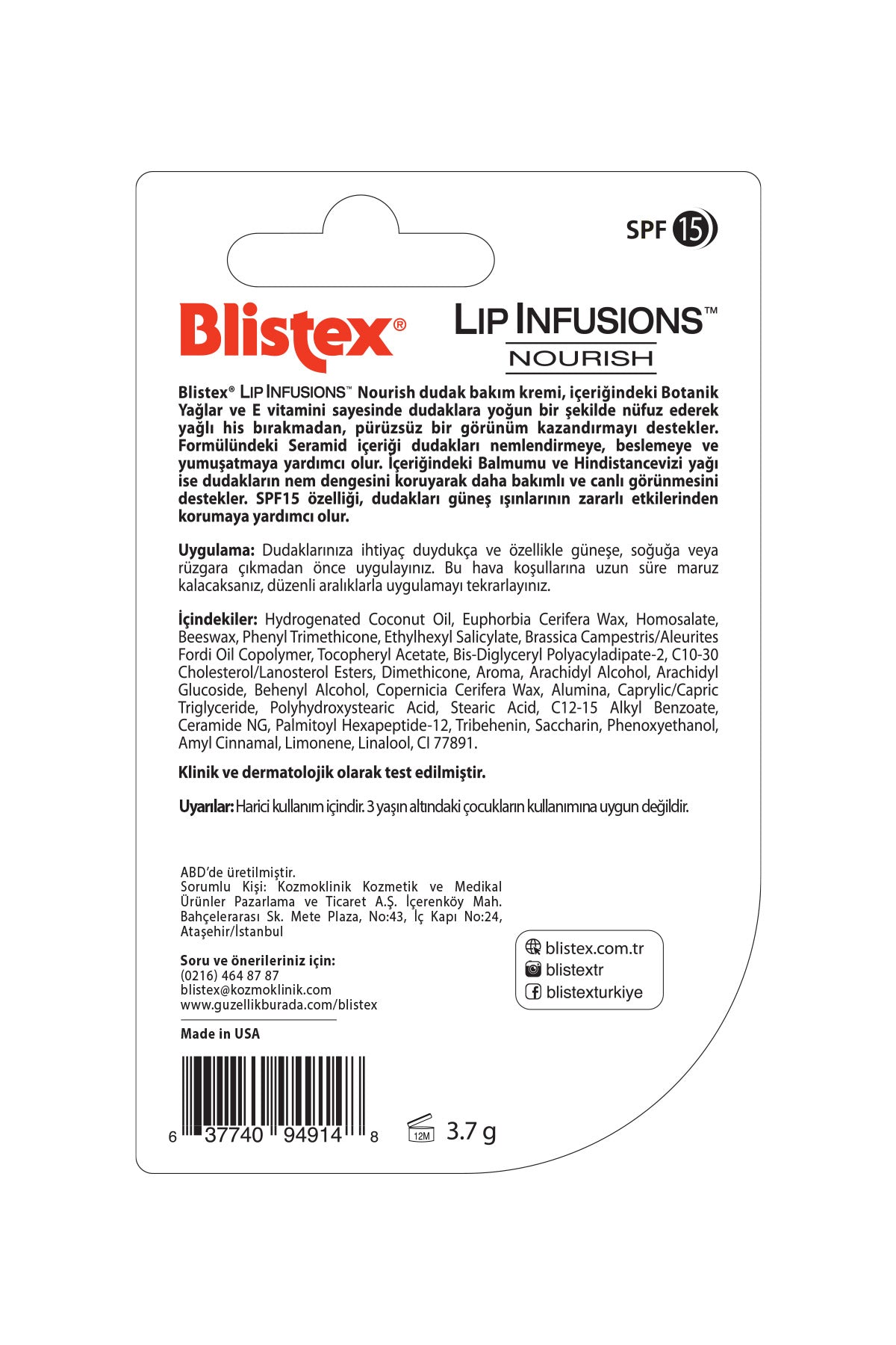 Blistex Pürüzsüz Dudaklar için Besleyici Dudak Bakımı Lip Infusions Nourish SPF15 3,7G