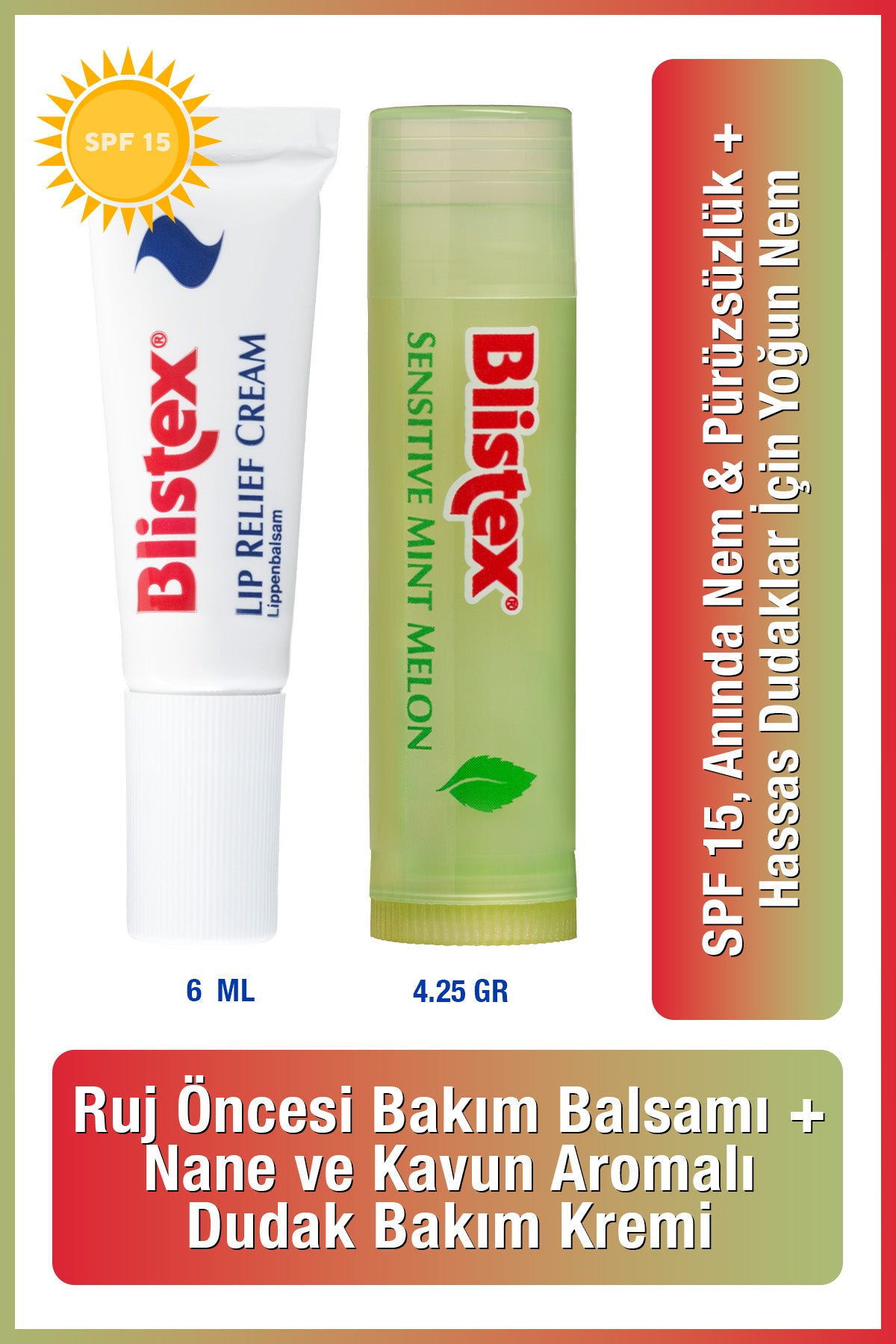 Çatlak Dudaklara Lip Relief Cream Spf10 6ml+Sensıtıve Mınt Melon Nemlendirmeyi Destekleyen Kurtarıcı Dudak Kremi 4.25gr