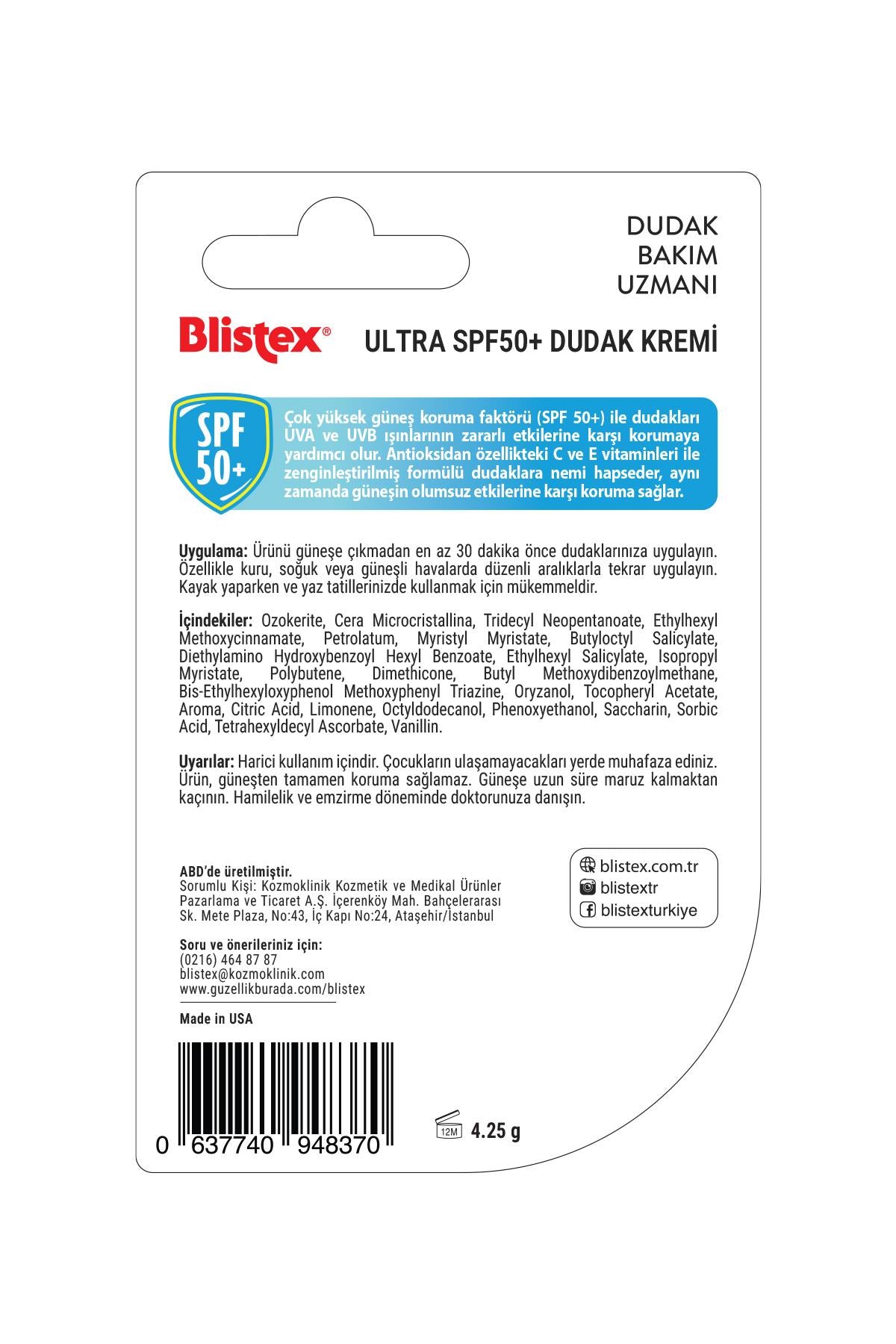 Blistex Ultra SPF50+ UVA/UVB Yüksek Güneş Korumalı, Vitamin ve Antioksidan İçeren Yoğun Nemlendirici Dudak Kremi